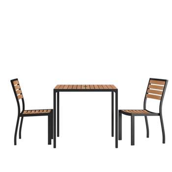 Emma and Oliver 3 Piece Patio Table Set - Synthetic Teak Poly Slats - 35" Square Steel Framed Table with 2 Faux Teak Stackable Chairs