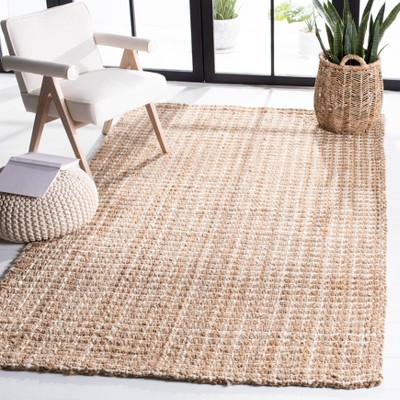 Ivory and Natural Hand-Knotted Jute Basket Weave Rug, 5'x8'