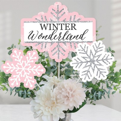 Big Dot of Happiness Pink Winter Wonderland - Holiday Snowflake Birthday  Party or Baby Shower Centerpiece Sticks - Table Toppers - Set of 15