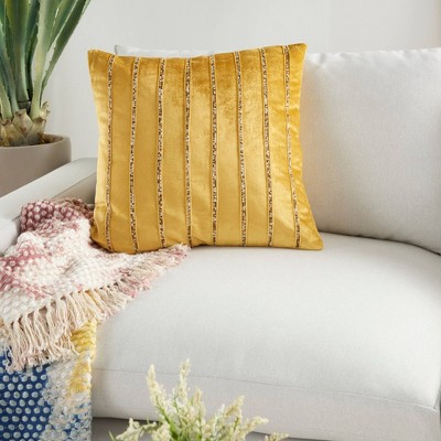 20" Gold Velvet Beaded Striped Square Throw Pillow