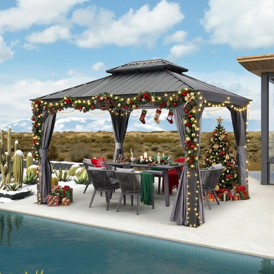 PURPLE LEAF Outdoor Gazebo Aluminum Frame Galvanized Steel Double Roof Patio Hardtop Gazebo with Curtains and Netting for Patio Lawn and Garden