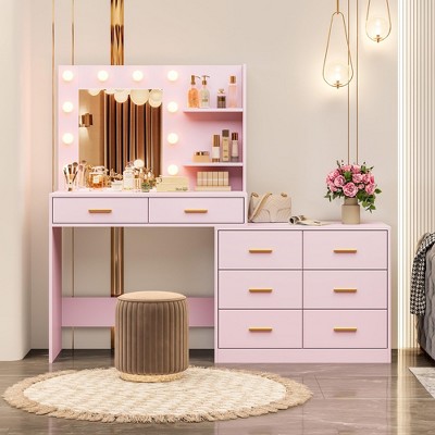 61" Makeup Vanity with Mirror & Lights - 3 Color Modes, 8 Drawers & 2 Shelves, Adjustable Brightness for Bedroom