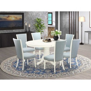 HomeStock Dinette set of 6 kitchen dining chairs with Linen Fabric Baby Blue color and a  18" butterfly leaf oval dining room table with Linen White - 1 of 4