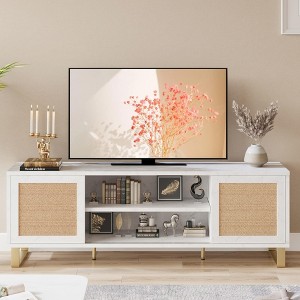 Rattan TV Stand Entertainment Center with Marble Pattern for 65" TV, White TV Console Table & Cabinet with Adjustable Shelves for Living Room, Bedroom - 1 of 4