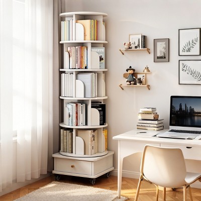 360° White Wooden Display Console Bookshelf with Storage Drawer,6-Tier Small Space Rotating Bookshelf Tower for Living Room Bedroom-Baofuwish