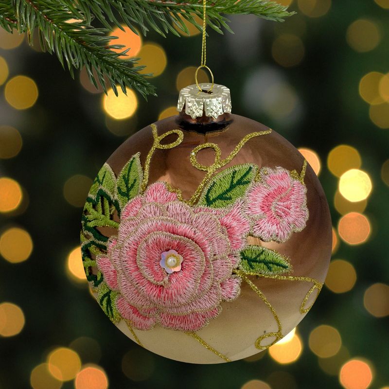 Northlight 2-Finish Brown and Pink Floral Applique Glass Christmas Ball Ornament 5" (125mm), 2 of 5