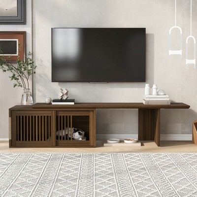 Extendable TV Stand with Cat Cushion, Modern TV Stand for TVs Up to 85", Entertainment Center with Sliding Door, Cat-Friendly TV Console Cabinet