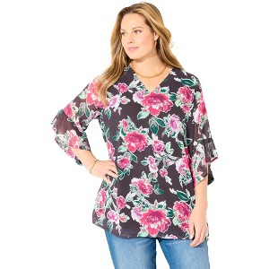 Catherines Women's Plus Size Petite V-Neck Bell-Sleeve Georgette Blouse - 1 of 4