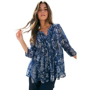 Roaman's Plus Size Tara Pleated Shirt – Adjustable 3/4 Sleeve Swing Tunic With Notch Collar - 1 of 4