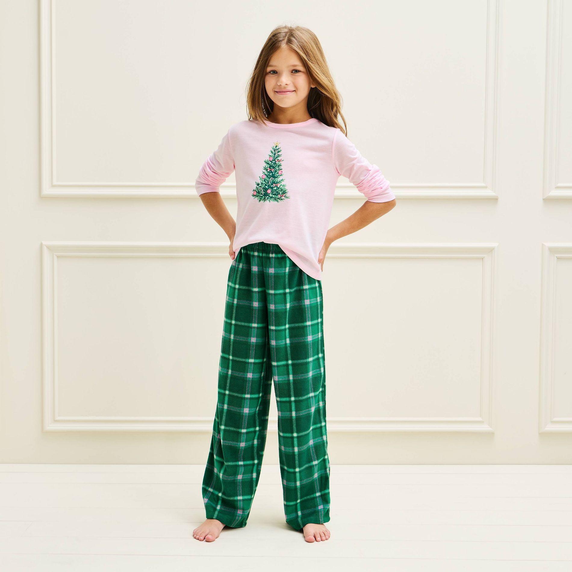 Girls' Holiday Christmas Tree Long Sleeve Shirt and Pants 2pc Pajama Set - Cat & Jack™ Pink/Green