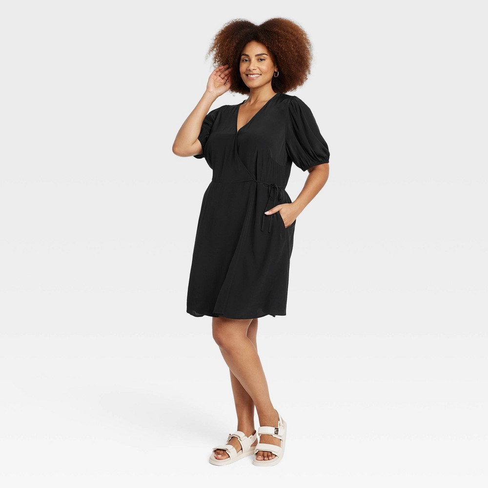 Women's Balloon Short Sleeve Wrap Dress - A New Day™ Black XXL