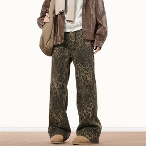 Clotth Mens Leopard Print Jeans - Y2k Vintage Leopard Aesthetic Baggy Denim Pants, Streetwear Loose Straight Wide-leg Trousers, Leopard - 1 of 4