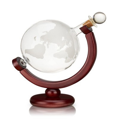 Viski Globe Etched Glass Whiskey Decanter with Wooden Stand