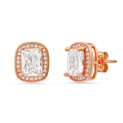 Steeltime Ladies brass simulated emerald cut diamonds stud earrings. Color Options: Gold, Rose Gold