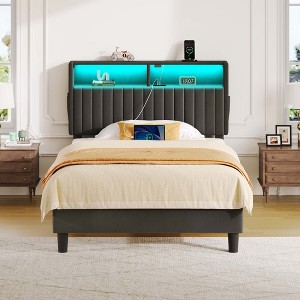 Greenstell  Bed Frame with Velvet Upholstered  Storage Headboard & Charging Station and  LED Light - 1 of 4