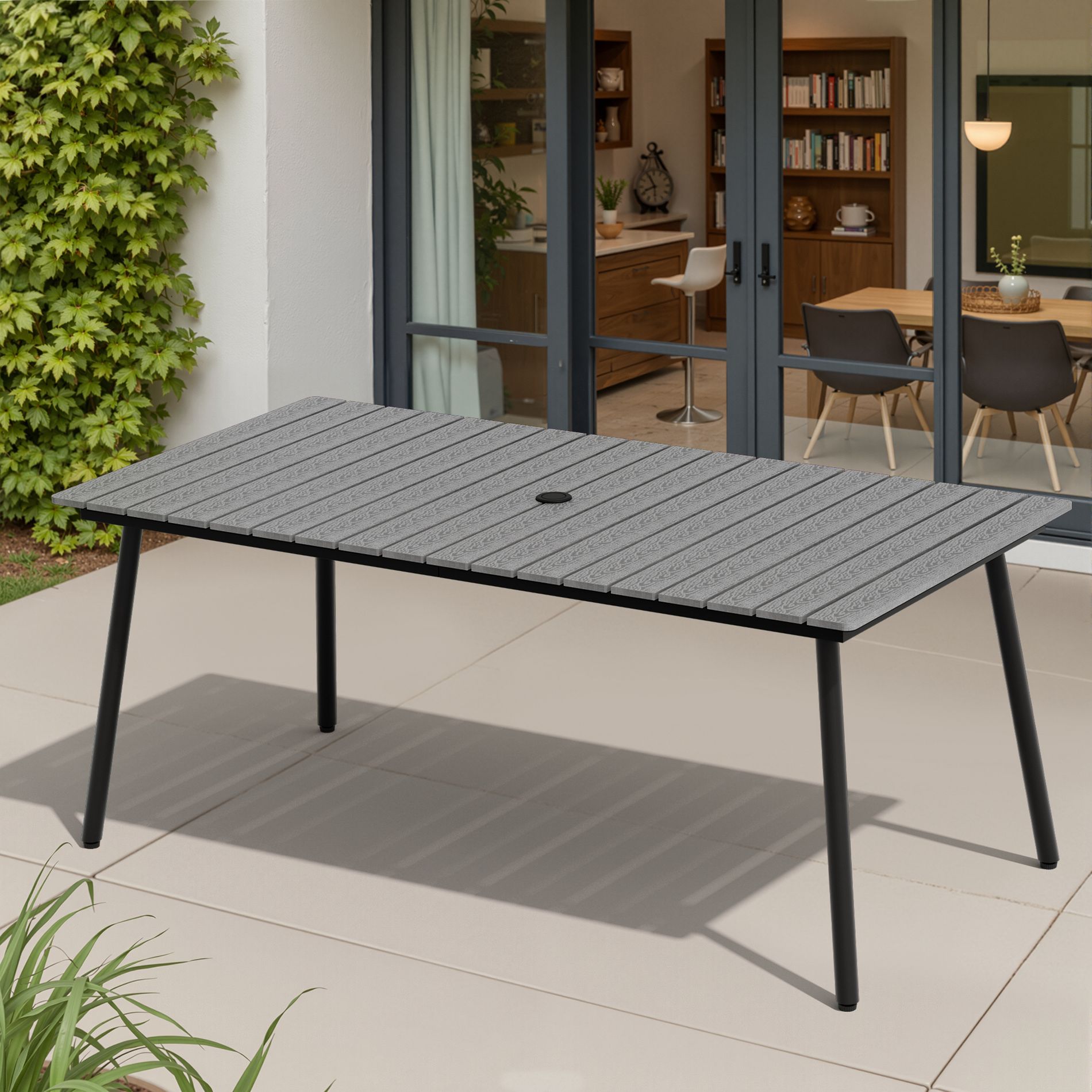 Pellebant 70.9-Inch Outdoor Rectangular Dining Table 4-6 People Aluminum Frame Wood-Look Top Umbrella Hole Gray