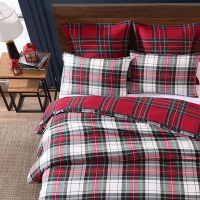 Full Red Cotton Reversible Plaid Duvet Set