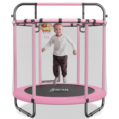 BCAN 55" Trampoline for Kids with Thickened Enclosure Net, Toddler Trampoline Indoor/Outdoor with Adjustable Gymnastics Bars & Basketball Hoop