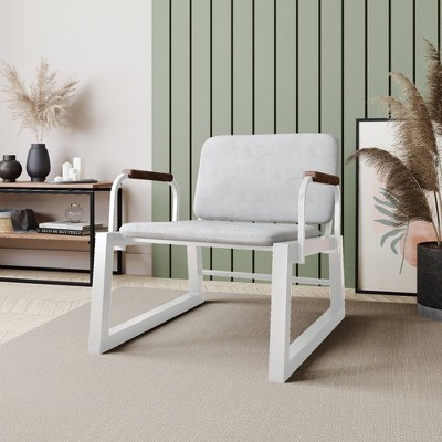 White Faux Leather Low Accent Chair with Steel Frame