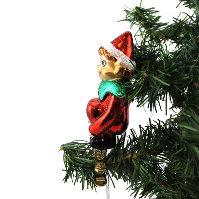 Festive Red and Green Glass Pixie Clip-On Ornament
