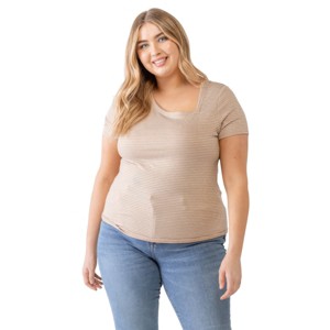 Slickblue Women's Plus Size Taupe Waffle Knit Top, Short Sleeves, Angled Neck, Casual Fit, Size 1XL-3XL - 1 of 4