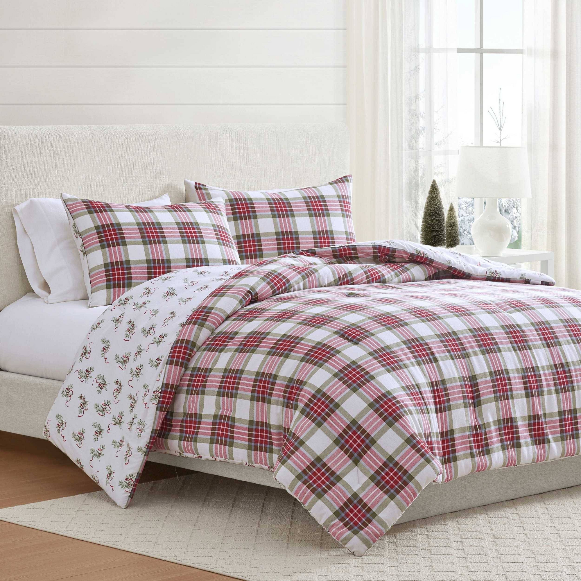 Martha Stewart 3pc King Yuletide Spruce Plaid/Holiday Ribbons Comforter Bedding Set Red