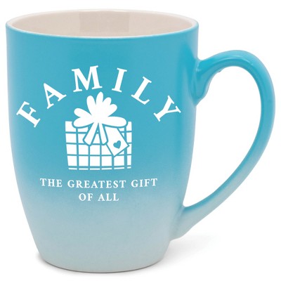 Elanze Designs Family The Greatest Gift of All Two Toned Ombre Matte Teal and White 12 ounce Ceramic Stoneware Coffee Cup Mug