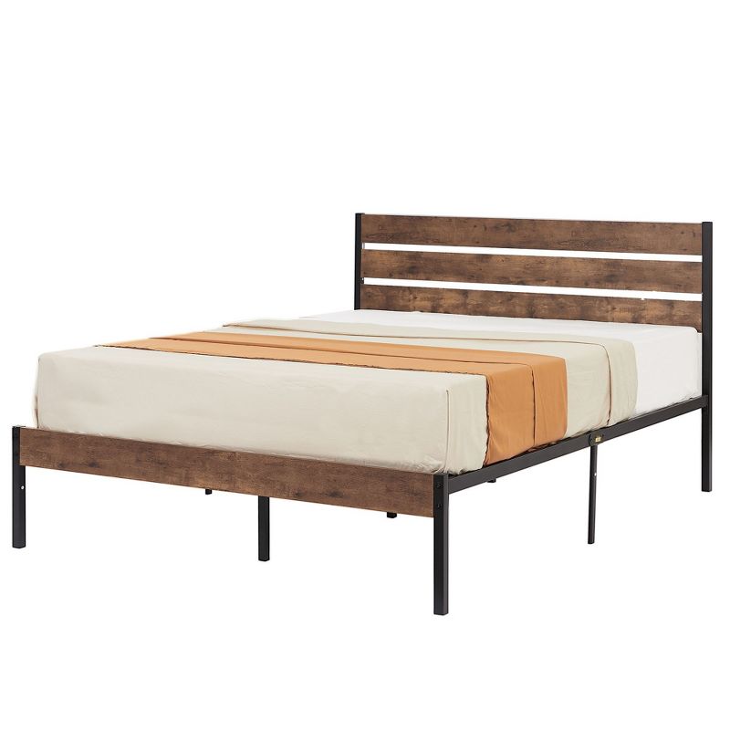 VECELO Platform Bed Frame with Rustic Vintage Wood Headboard and Footboard, Sturdy Metal Slats, No Box Spring Required, 5 of 11