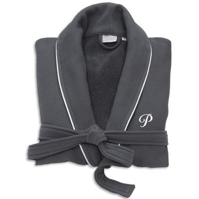 Linum Home Textiles Hotel 100 Percent Turkish Cotton Waffle Terry Personalized Dark Gray Bathrobe with Satin Piped Trim in White Script Font