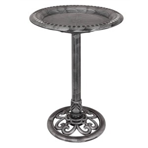 Alpine Corporation 28" Polyresin Pedestal Bird Bath With Scrollwork Base & Ground Stakes Gray - 1 of 4