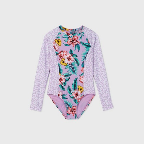 Girls Animal And Floral Print Long Sleeve Back Zip One Piece Swimsuit Art Class Lilac Target