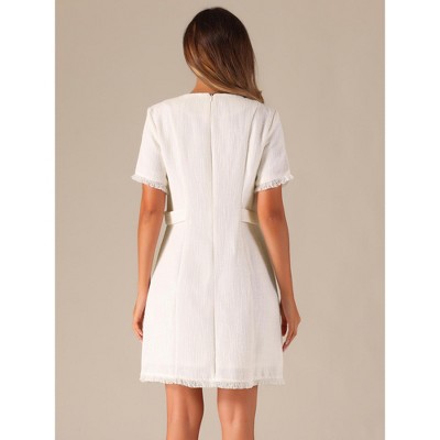 Женские платья INSPIRE CHIC Women's Tweed Round Neck Short Sleeves Work Elegant Casual A-line Midi Dress White Medium — фото 3