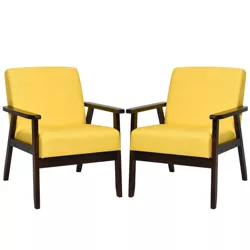 Costway Set of 2 Fabric Accent Armchair Solid Wood Upholstered Lounge Chair Yellow