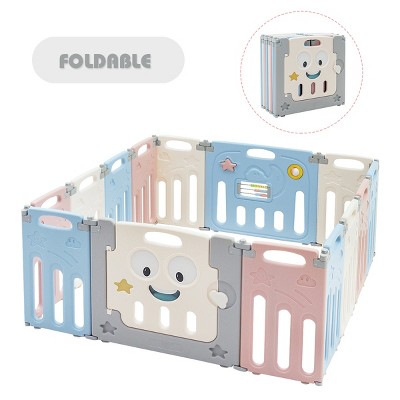 Costway 14-Panel Foldable Baby Playpen Kids Activity Centre Lock Door Rubber Mats