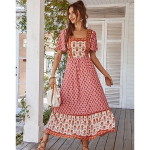 Coolmee Women's Summer Boho Floral Print Dress Vintage Square Neck Ruffle Swing Flowy Beach Long Maxi Dress - 1 of 4