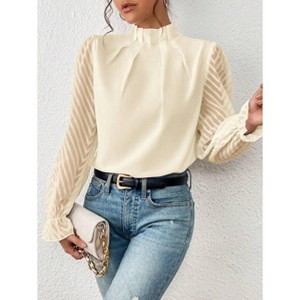 Coolmee Women's Long Frill Sleeve Stand Collar Shirts Elegant Office Workwear Blouse Business Dressy - 1 of 4