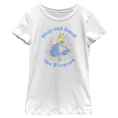 Girl s Alice In Wonderland Stop And Smell The Flowers T shirt Target