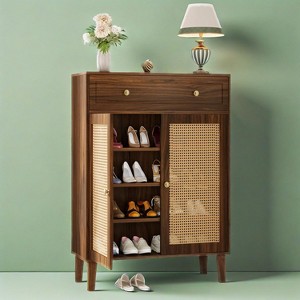 KTMBDW Shoe Cabinet, 4-Tier Shoe Storage Cabinet with Drawer & Adjustable Shelves, Wooden Shoe Rack Organizer with Rattan Doors for Entryway, Hallway - 1 of 4