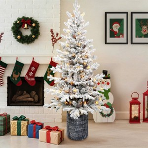 Pre-Lit Flocked Arctic Fir Artificial Christmas Tree with Lights, Potted Snow Frosted Holiday Tree - 1 of 4
