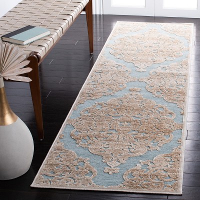 Stone and Aqua Hand-Knotted Viscose Runner Rug