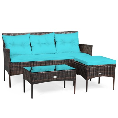 Tangkula 3 PCS Patio Furniture Set Outdoor All Weather Wicker Conversation Set w/Cushioned Ottoman & Side Table