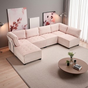 U-Shaped Corduroy Sectional Sofa with Reversible Chaise, Deep Seat & Durable Support - 1 of 4