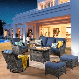 Ovios Orlando 7pc Brown Wicker Outdoor Patio Furniture Conversation Sofa Set with a Rectangle Fire Pit, Swivel Chairs and Cushions - 1 of 4