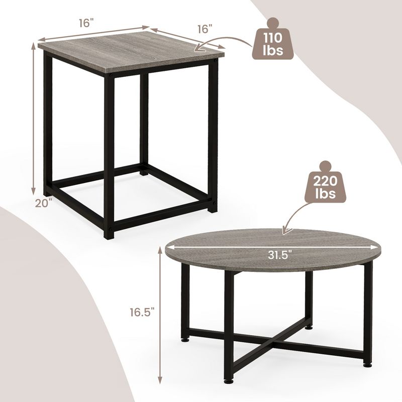 Costway 3 PCS Coffee Table Set Round Coffee Table and 2 PCS Square End Tables Metal Frame, 3 of 11