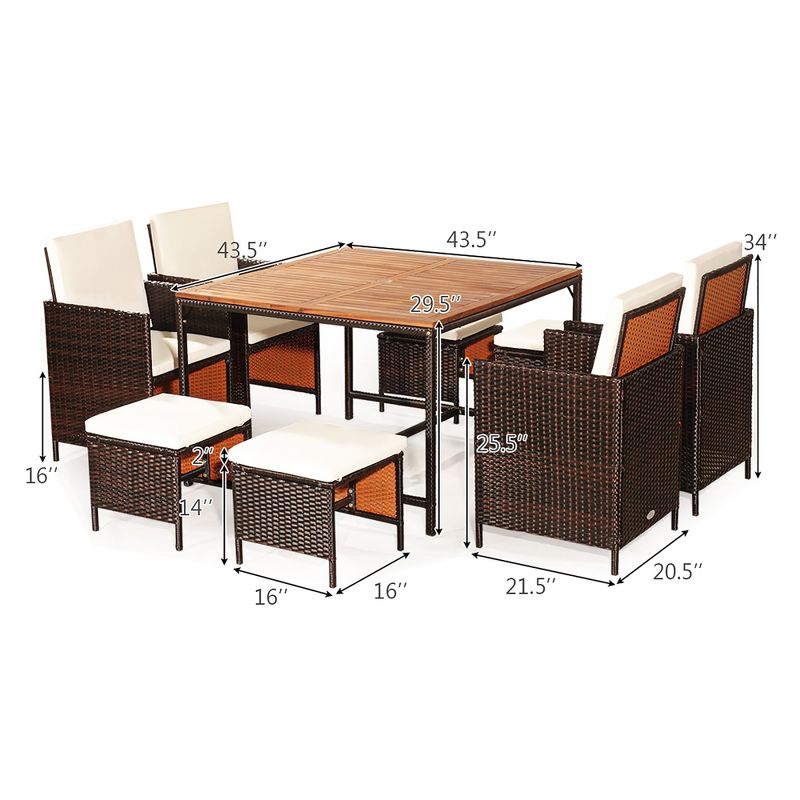 Costway 9PCS  Acacia Wood Patio Rattan Dining Set Cushioned Chairs Ottoman, 4 of 13