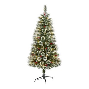 Nearly Natural 5-ft Frosted Swiss Pine Artificial Christmas Tree with 200 Clear LED Lights and Berries - 1 of 4