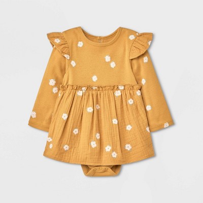 Image of Grayson Collective Baby Girls' Ribbed Long Sleeve Dress - Yellow 0-3M