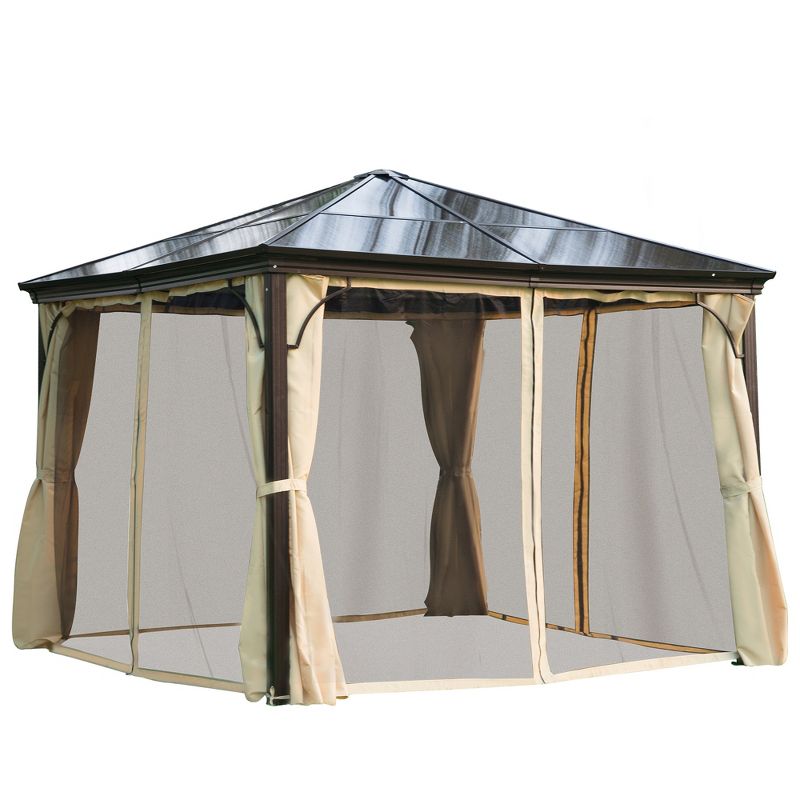 Outsunny 10x12 Polycarbonate Hardtop Gazebo, Gazebo Canopy with Aluminum Frame, Curtains and Netting for Garden, Patio, Backyard, Beige, 1 of 8