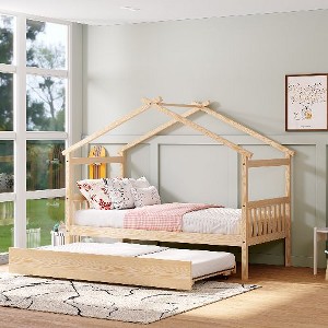 CAVINAS Twin Size Bed Frame, Wooden House Bed with Pull-Out Trundle, House-Shaped Bed for Kids, Teens, Girls, Boys - 1 of 4
