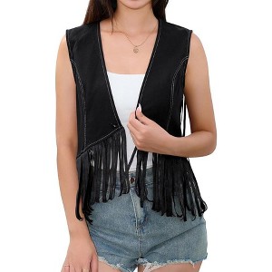 Acekool Women’s 70s Fringe Denim Vest – Sleeveless Western Crop Vest, Colorblock Cowboy Style Outwear with Tassel Hem - 1 of 4